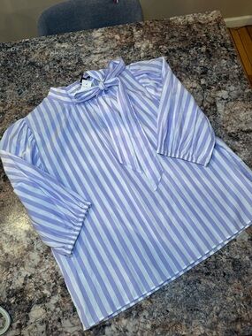 Ann Taylor Lavender and White Striped Bow-Neck Blouse